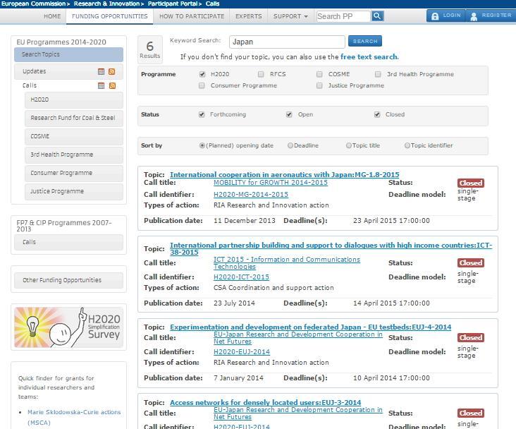 Participant portal Public access features Search H2020 calls by keyword (search topics) Filters can be used by: Status