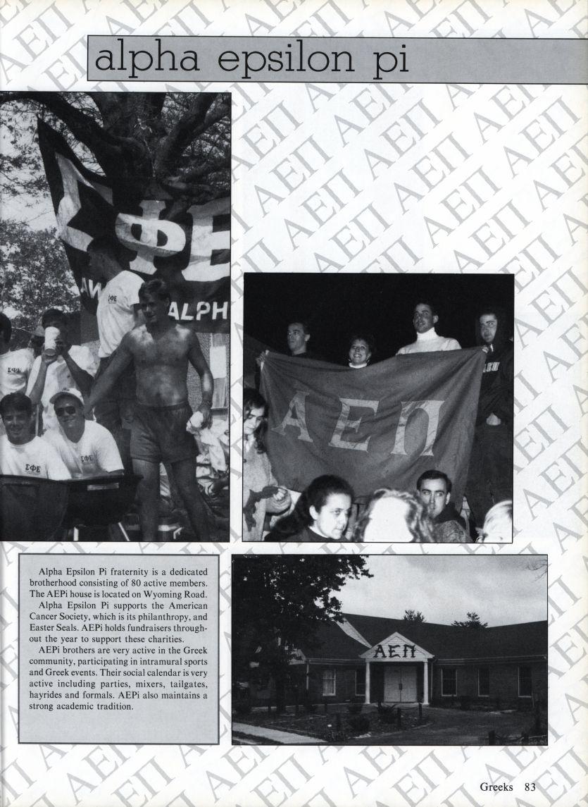 alpha epsilon pi Alpha Epsilon Pi fraternity is a dedicated brotherhood consisting of 80 active members. The AEPi house is located on Wyoming Road.