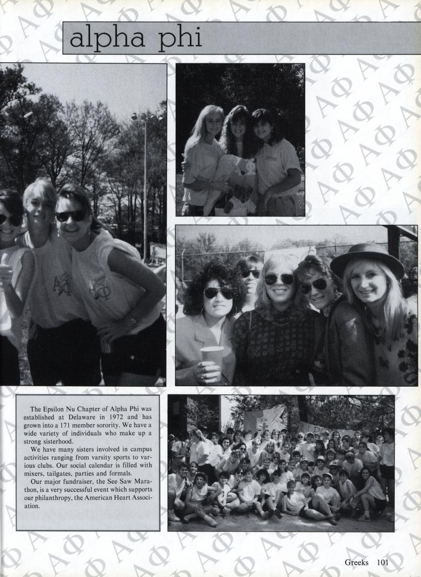 alpha phi The Epsilon Nu Chapter of Alpha Phi was established at Delaware in 1972 and has grown into a 171 member sorority. We have a wide variety of individuals who make up a strong sisterhood.