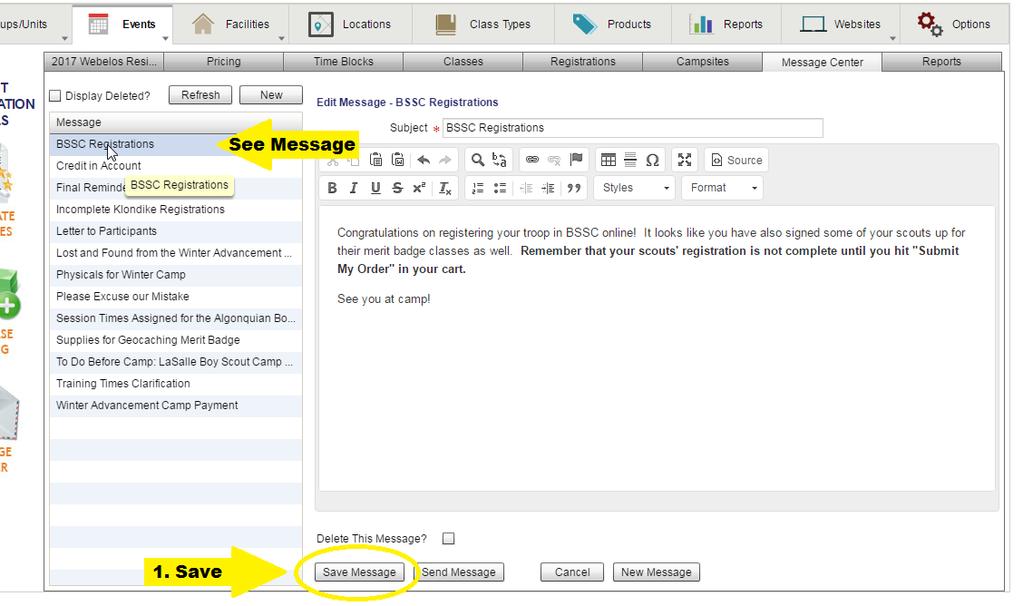 4. Once your message is created, click Save Message and you will see your saved message now added to the Message Template Section.