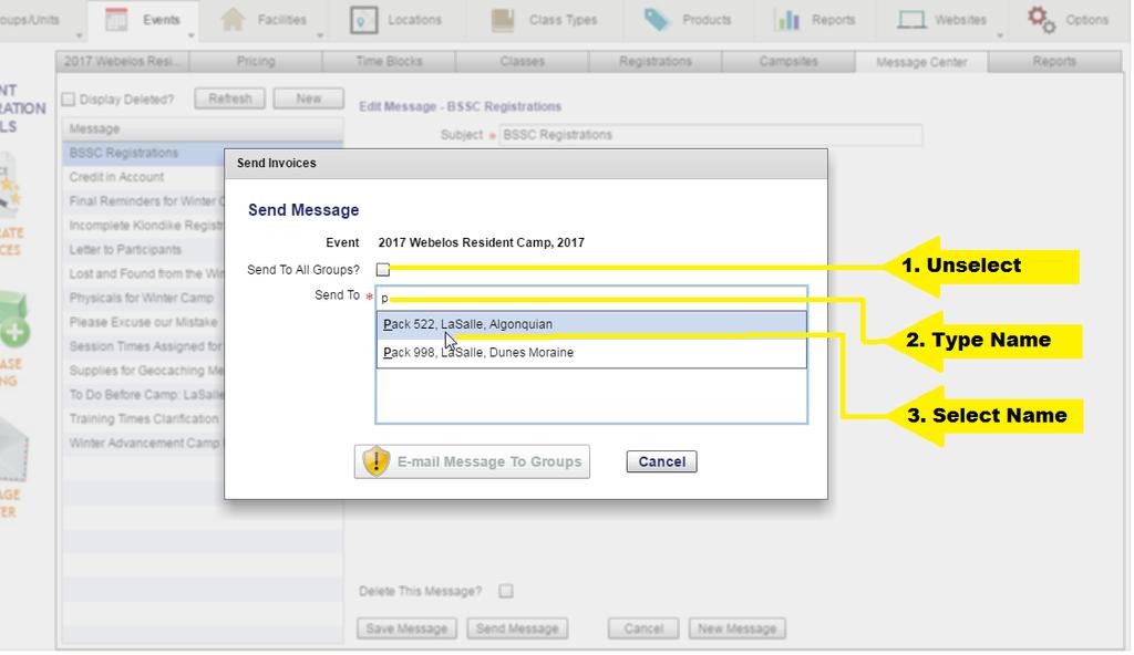 6. To send messages to INDIVIDUAL GROUPS in your event, once the message box pops up, unselect Sent To All Groups?