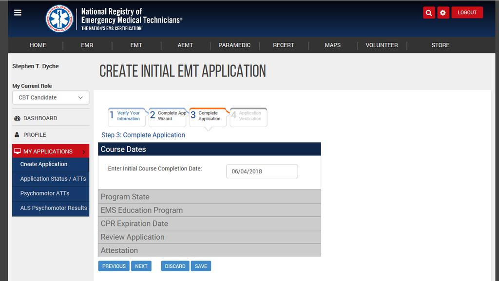 In the Create Initial EMT Application section, enter the course