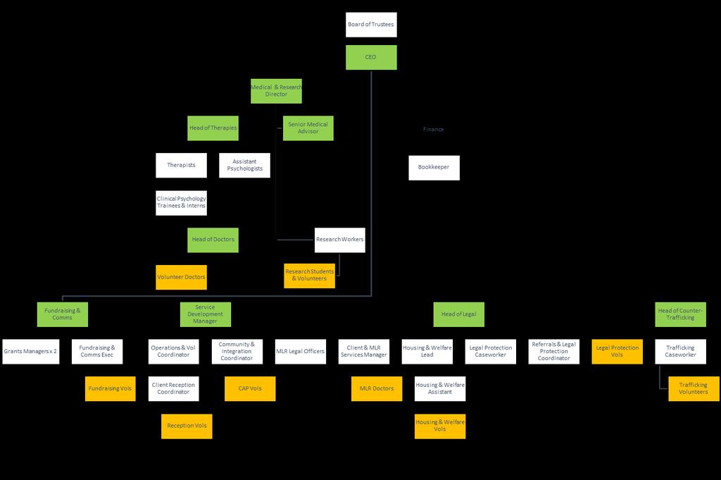 ORGANIGRAM Current Reporting Structure Key: Green: management team Orange: volunteers ----- : positions to recruit PROCESS AND TIMETABLE Recruitment Shortlisting First Interview Second Interviews (if