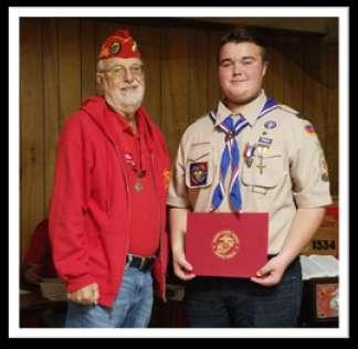 Thames River Detachment #1334 Page 7 Thomas Heard, Eagle Scout, was presented with a certificate of achievement by Commandant Peters at the November business meeting for his Eagle Scout project that