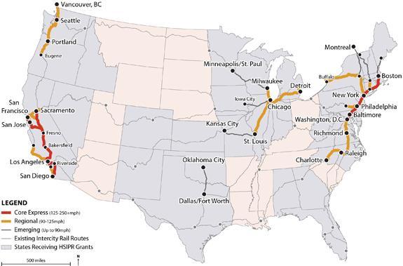 Refocus of US HSR Development Policy Change from high-speed rail to high performance rail Funded US HSR