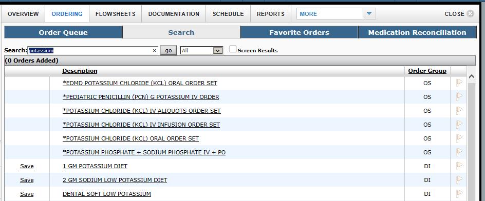 CPOE (Computerized Provider Order Entry Have your patient in focus and select the Ordering tab You will be able to search for orders by using either
