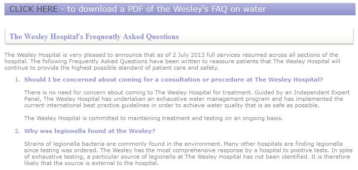 Wesley Website A dedicated Legionella update page was established and received a very high number of views 18,128 from 5 June to 3 July.