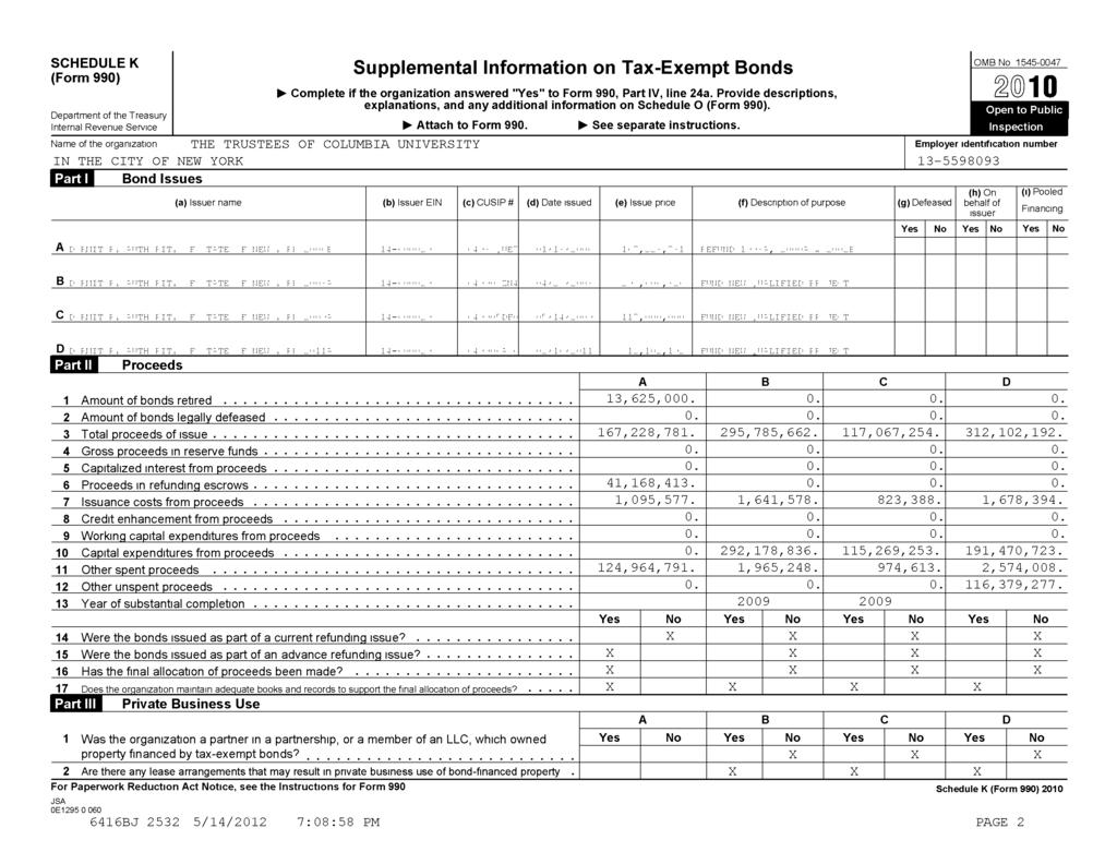 SCHEDULE K (Form 990) I Supplemental Information on Tax-Exempt Bonds Complete if the organization answered "Yes" to Form 990, Part IV, line 24a.
