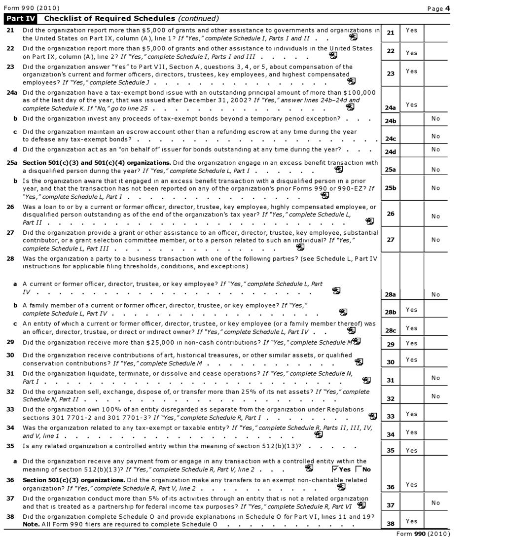 Form 990 (2010) Page 4 Checklist of Required Schedules (continued) 21 Did the organization report more than $5,000 of grants and other to governments and organizations in 21 Yes the United States on