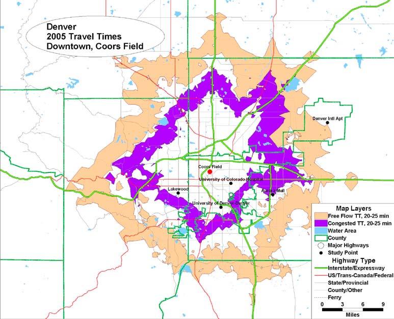 Figure 1: 25-Minute Travel Time in Downtown Denver from Under Congested (Purple) and Uncongested (Beige) Conditions benefit of being computationally straightforward and comparable across regions and