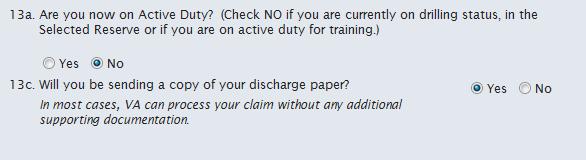 13a 13c reference your active duty status. If you are on active duty, check YES.