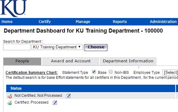 Department Dashboard Sending Emails to Users with Outstanding Certifications The top of the People tab of the Department Dashboard page has a Certification Summary Chart that provides a summary of