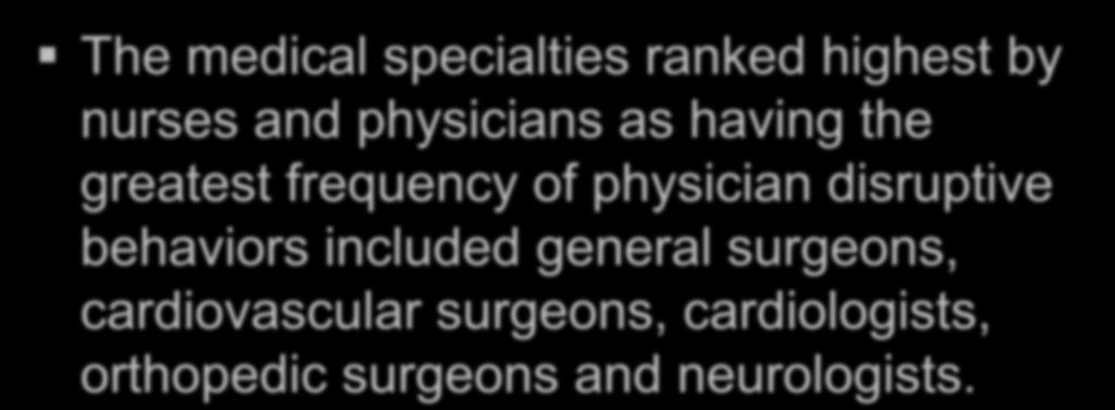 The medical specialties ranked highest by nurses and physicians as having the greatest frequency of physician