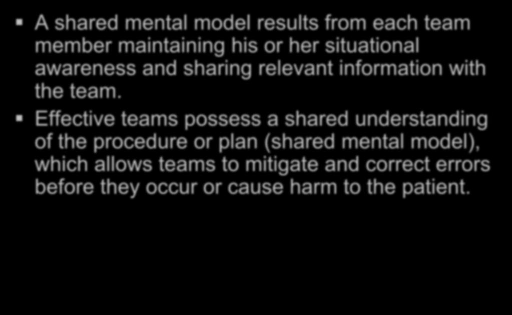 A shared mental model results from each team member maintaining his or her situational awareness and sharing relevant information with the team.