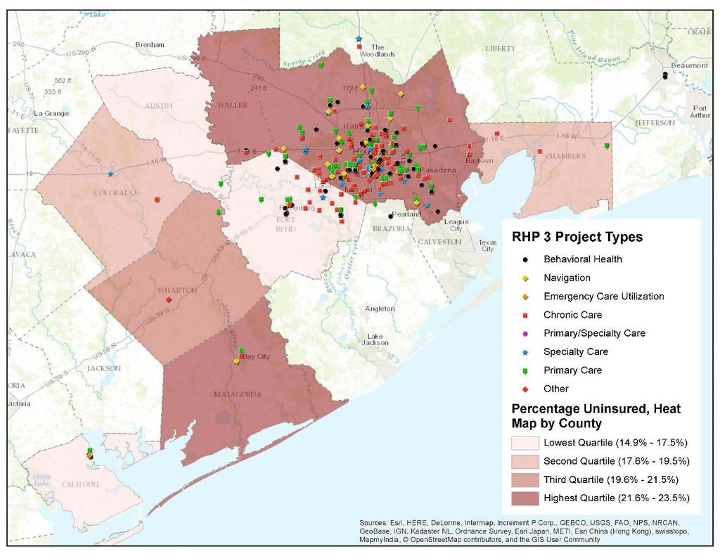 Map 3: SE RHP3 Percentage Uninsured, Heat Map by County RHP3 Counties and County Health Rankings In 2017, 243 of 254 total counties in Texas were ranked by the Robert Wood Johnson Foundation, County