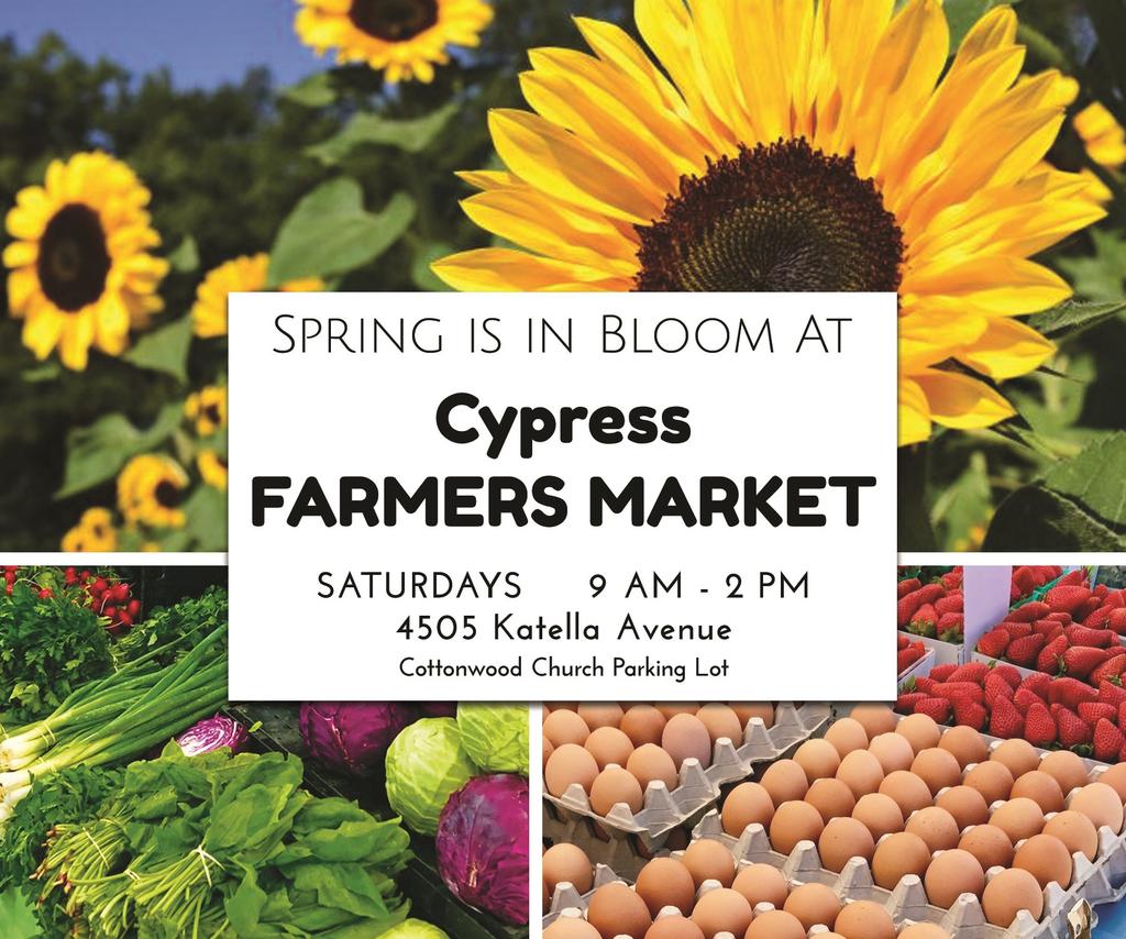 Join the Cypress Farmers Market every Saturday from 9am to 2pm at the corner of Katella and Lexington in the Cottonwood Church parking lot.