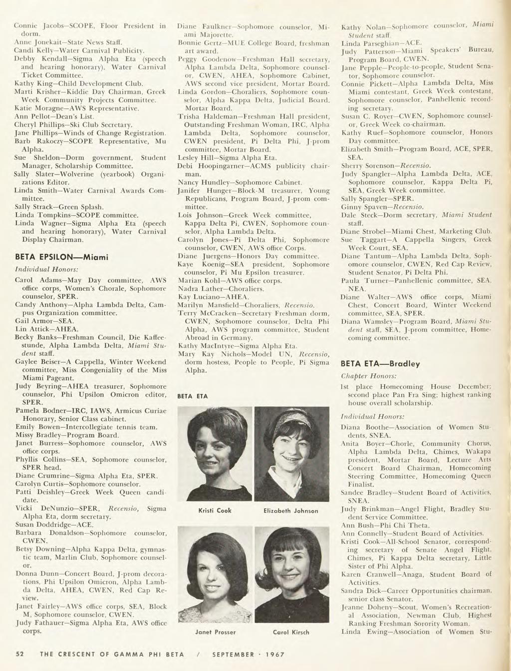 Connie Jacobs SCOPE, Floor President in dorm. Anne Jonekait State News Staff. Candi Kelly Water Carnival Publicity. Debby Kendall Sigma Alpha Eta (speech and hearing honorary).