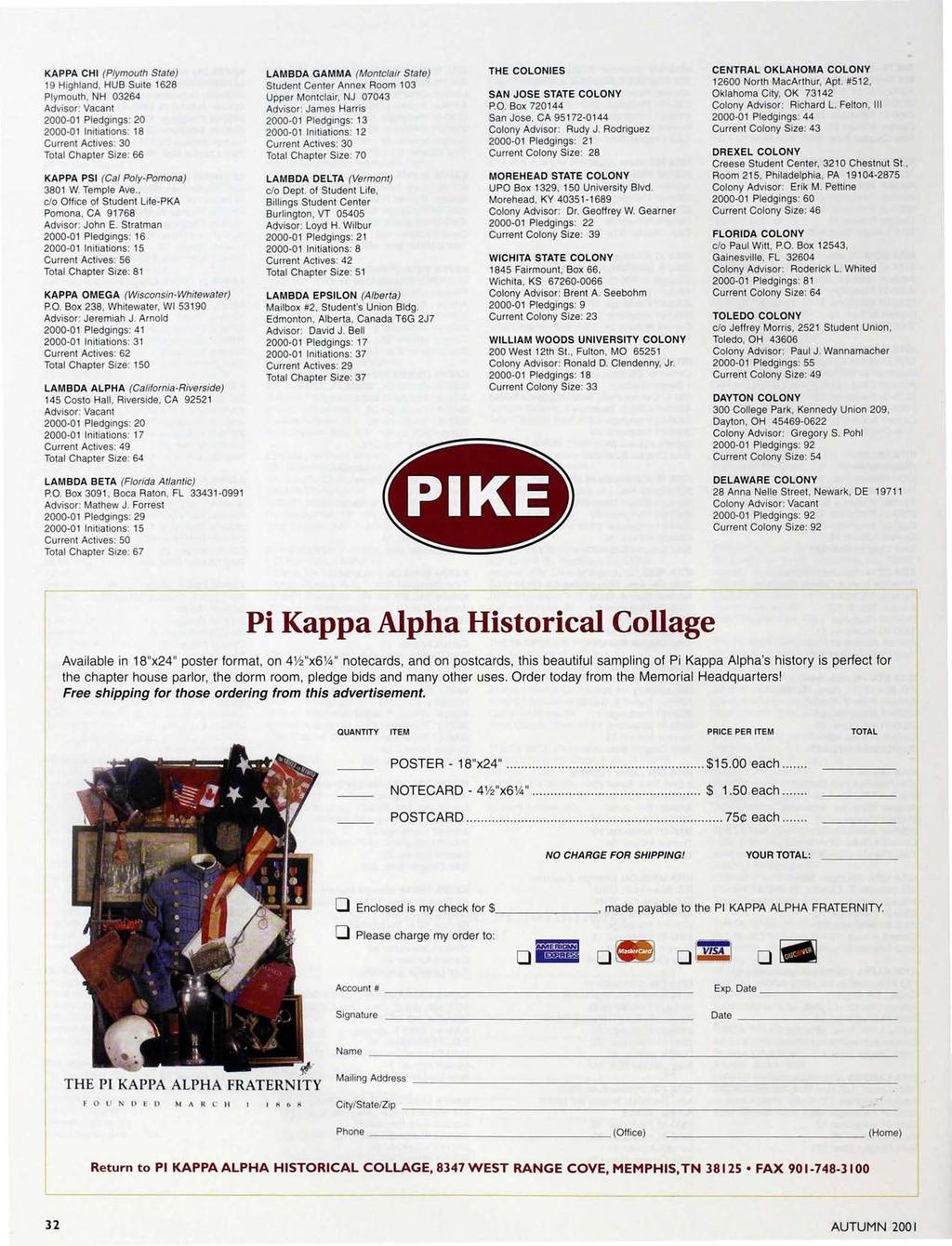 KAPPA CHI (Plymouth State) 19 Highland, HUB Suite 1628 Plymouth, NH 03264 Advisor: Vacant 2000-01 Pledgings: 20 2000-01 Initiations: 18 Current Actives: 30 Total Chapter Size: 66 KAPPA PSI (Cal