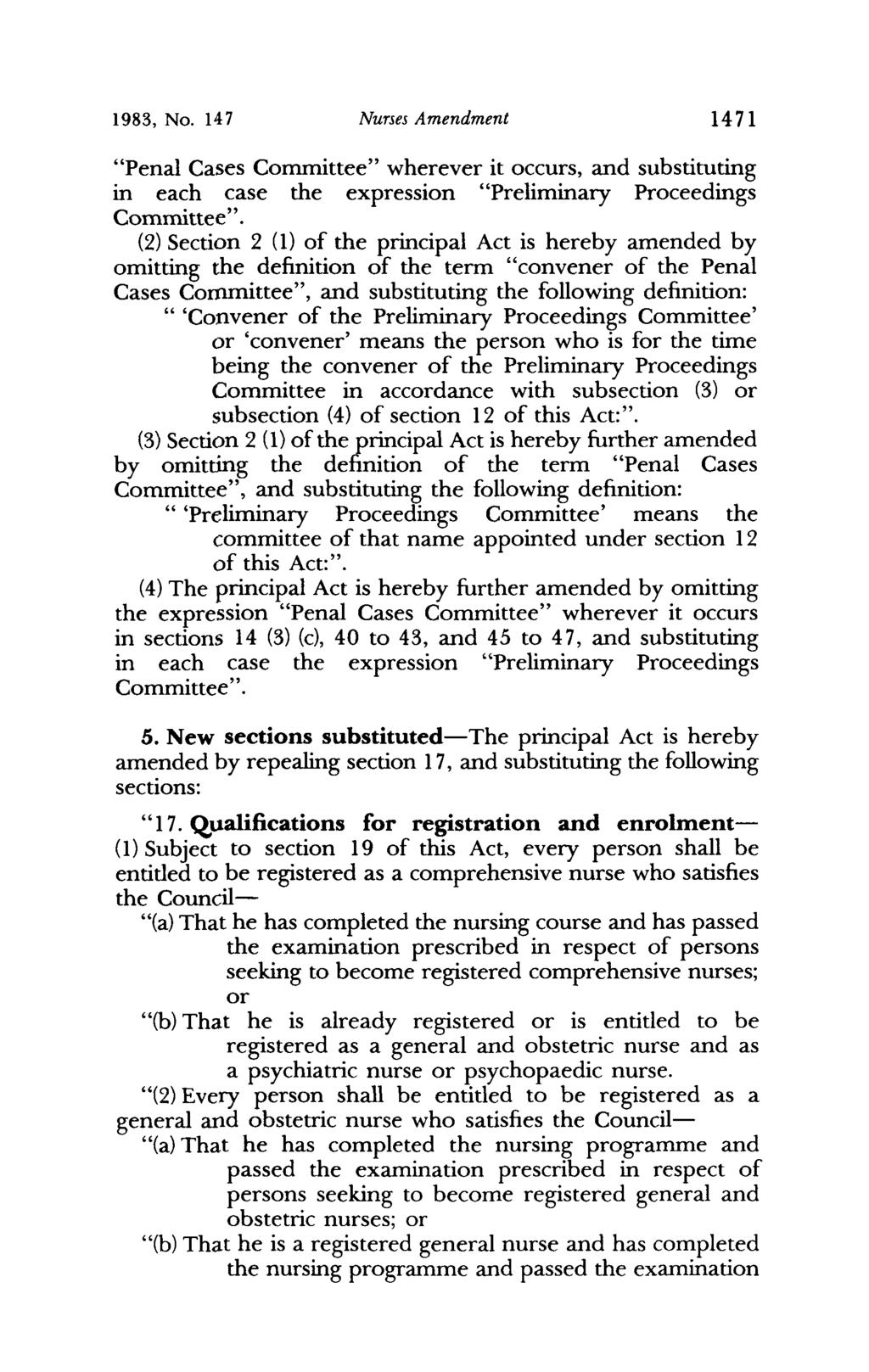 1983, No. 147 Nurses Amendment 1471 "Penal Cases Committee" wherever it occurs, and substituting in each case the expression "Preliminary Proceedings Committee".